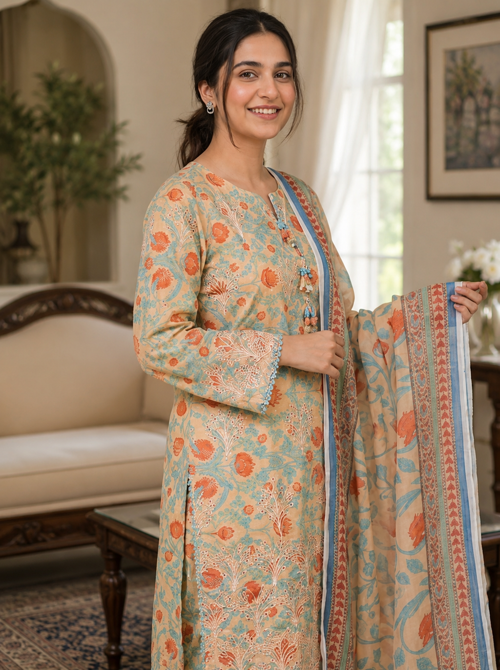3 Piece Printed Lawn Suit - Beige Floral