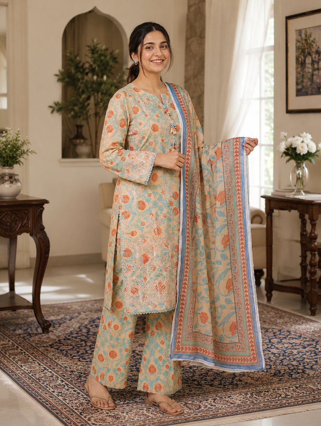 3 Piece Printed Lawn Suit - Beige Floral
