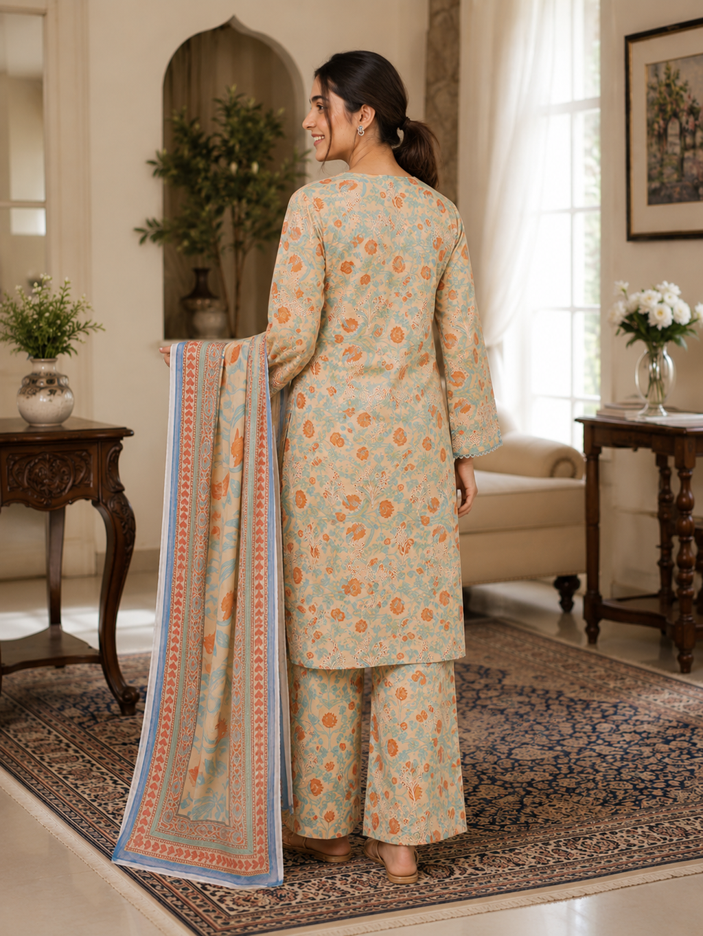 3 Piece Printed Lawn Suit - Beige Floral