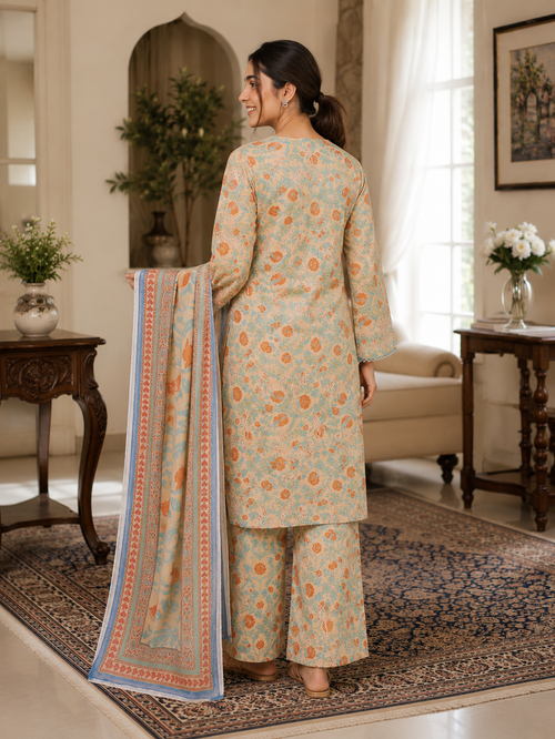 3 Piece Printed Lawn Suit - Beige Floral