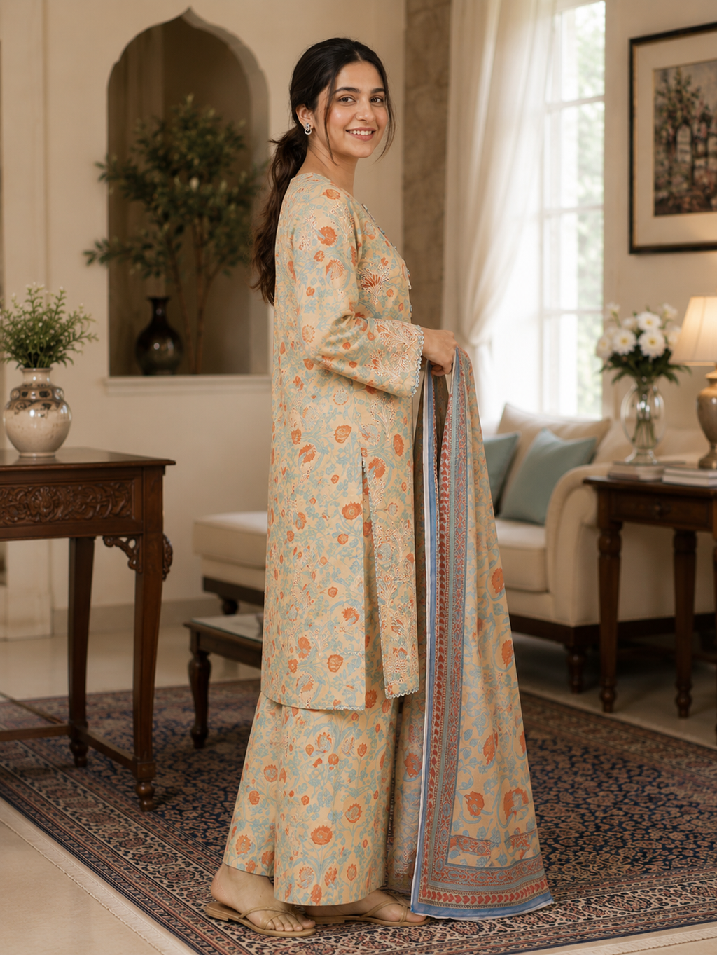 3 Piece Printed Lawn Suit - Beige Floral