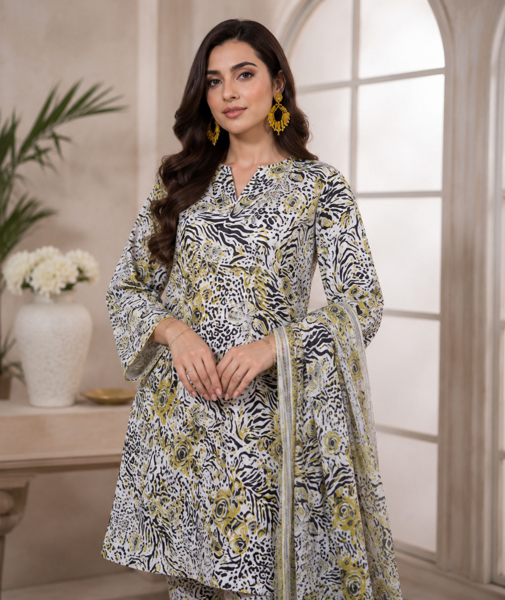 3 Piece Printed Lawn Suit - White Animal Print - Front View