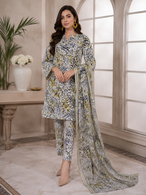 3 Piece Printed Lawn Suit - White Animal Print - Side View
