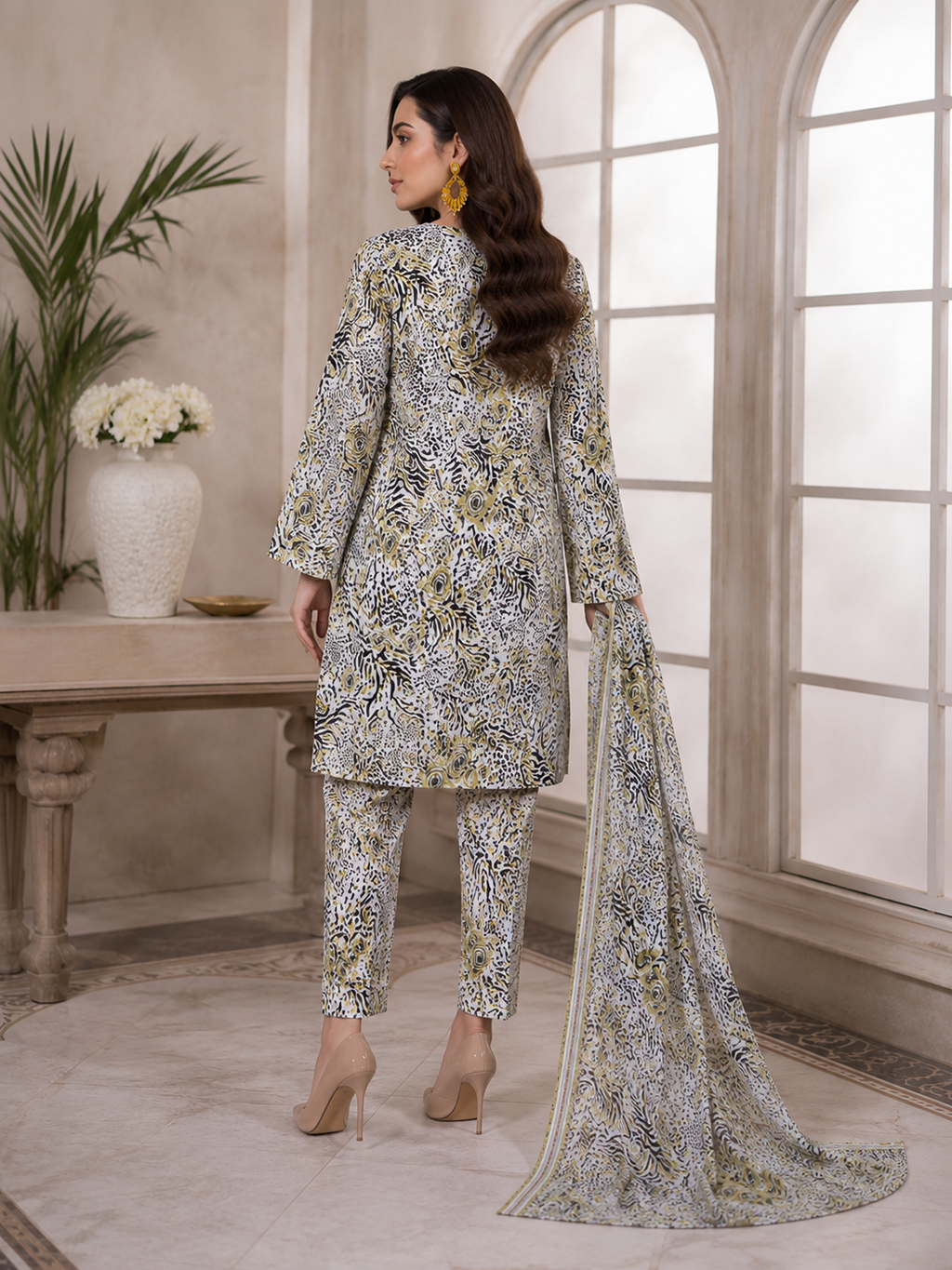 3 Piece Printed Lawn Suit - White Animal Print - Back View