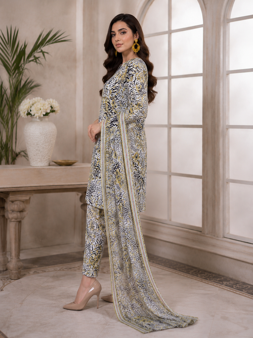 3 Piece Printed Lawn Suit - White Animal Print - Full View