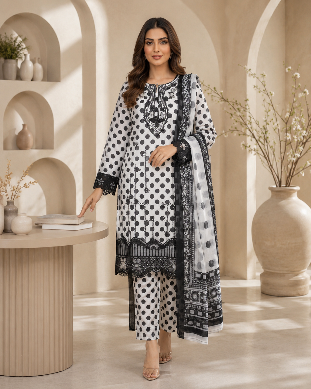 Black and white polka dot lawn suit - full front view