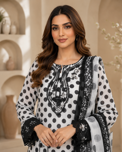 Black and white polka dot lawn suit - front close-up
