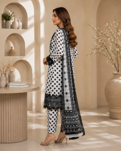 Black and white polka dot lawn suit - back view