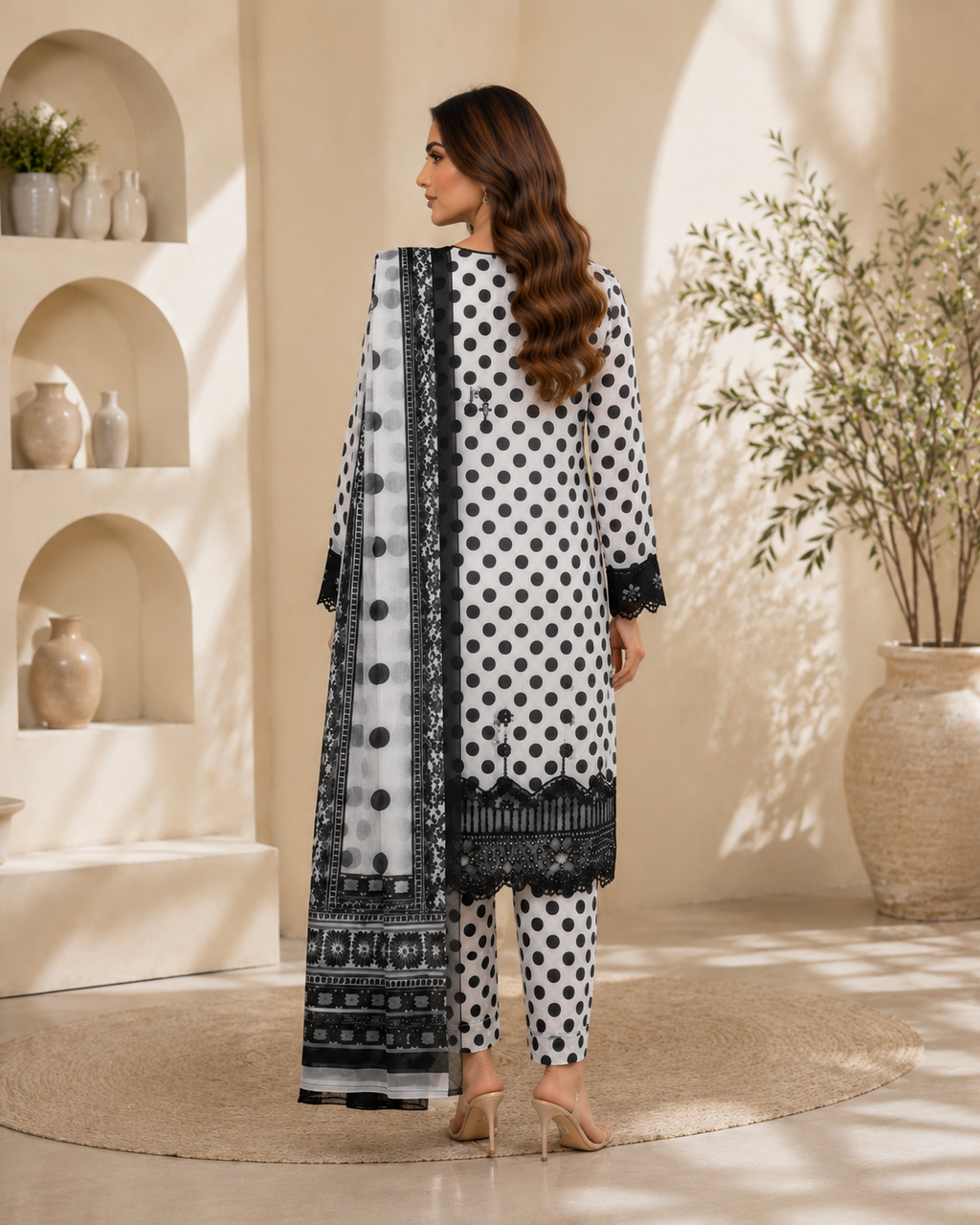 Black and white polka dot lawn suit - side back view