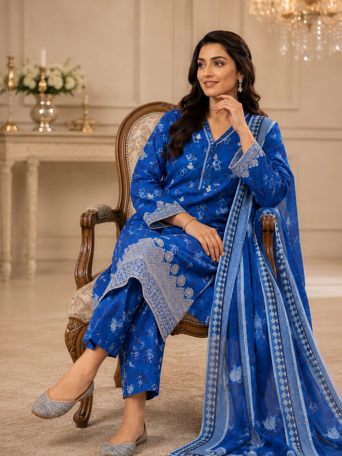 3 Piece Embroidered Lawn Suit - Royal Blue