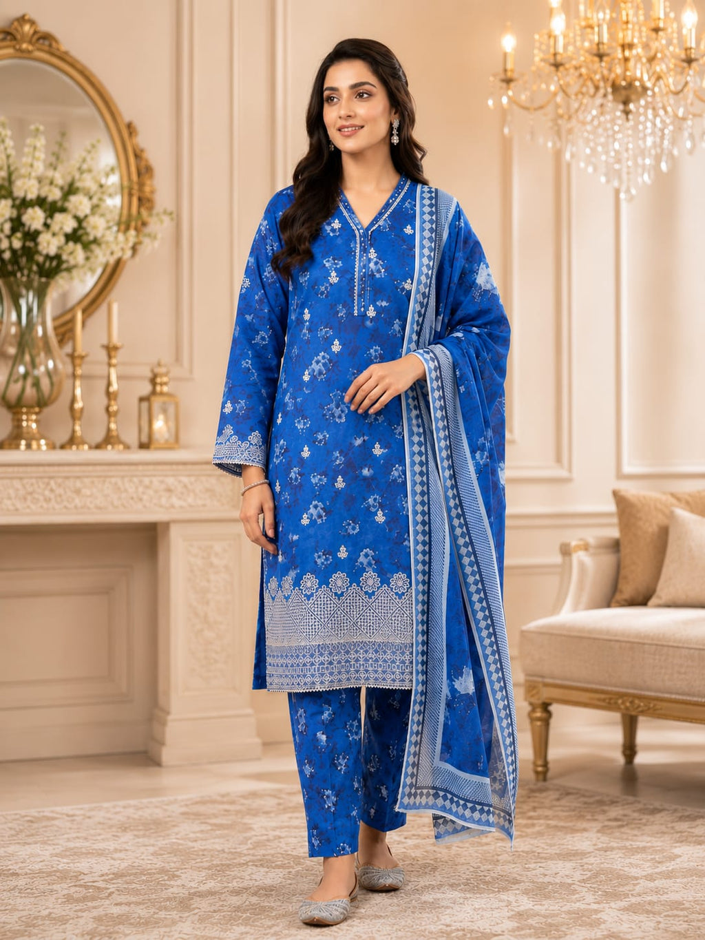 3 Piece Embroidered Lawn Suit - Royal Blue - Side View