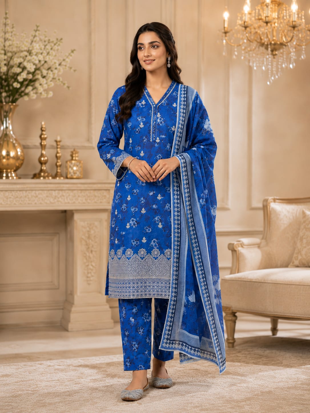 3 Piece Embroidered Lawn Suit - Royal Blue - Full View
