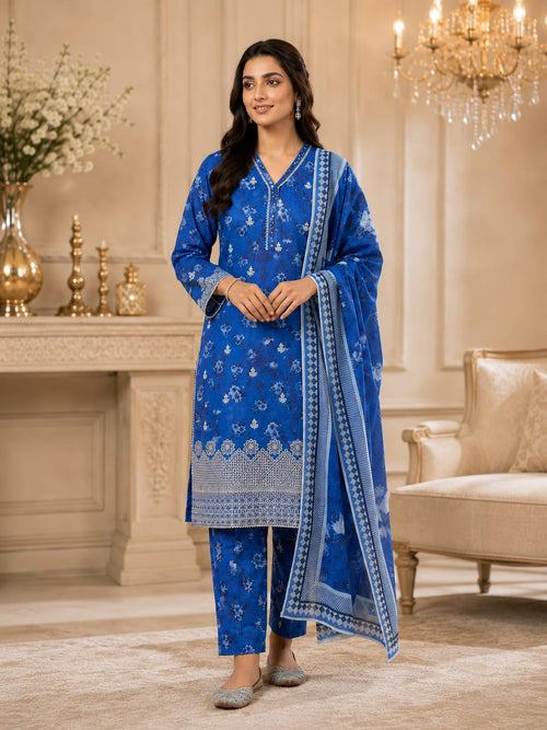 3 Piece Embroidered Lawn Suit - Royal Blue - Full View