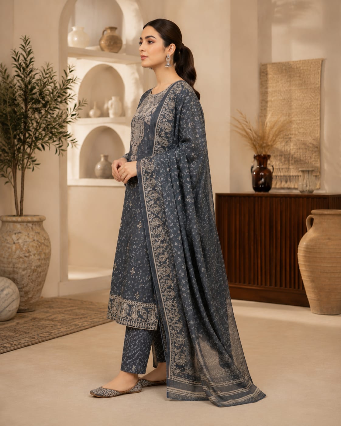 Steel blue embroidered lawn suit - front view close-up
