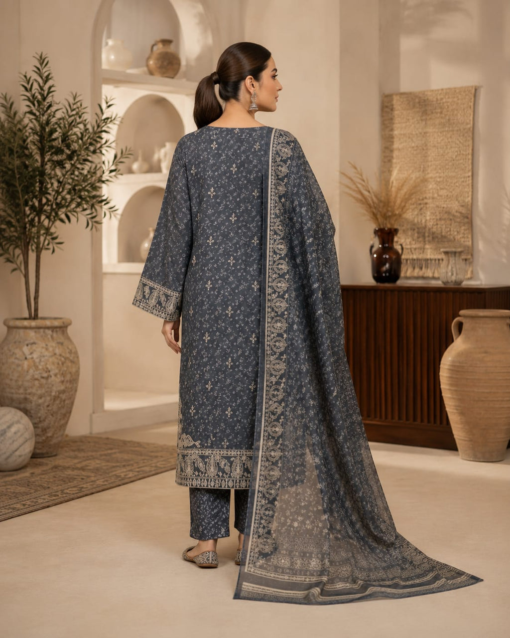 Steel blue embroidered lawn suit - full front view