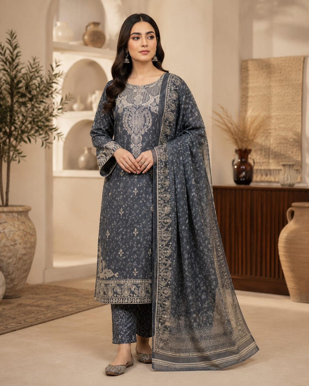 Steel blue embroidered lawn suit - side view