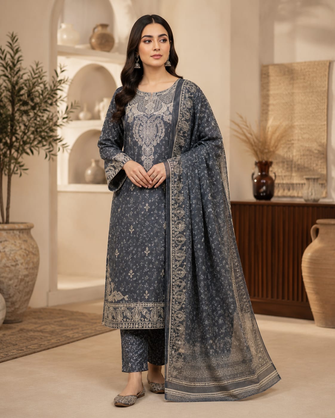 Steel blue embroidered lawn suit - side view