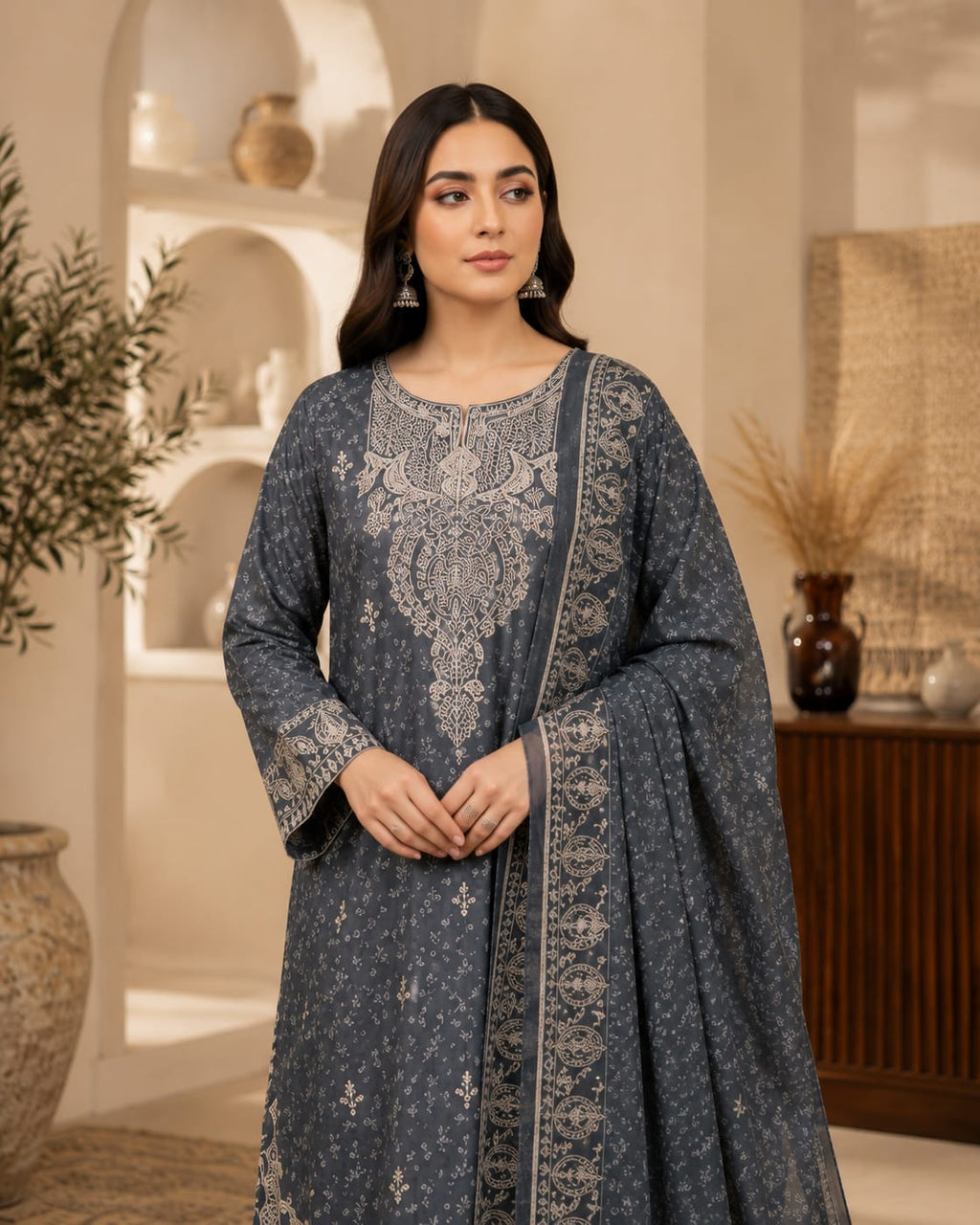 Steel blue embroidered lawn suit - back view