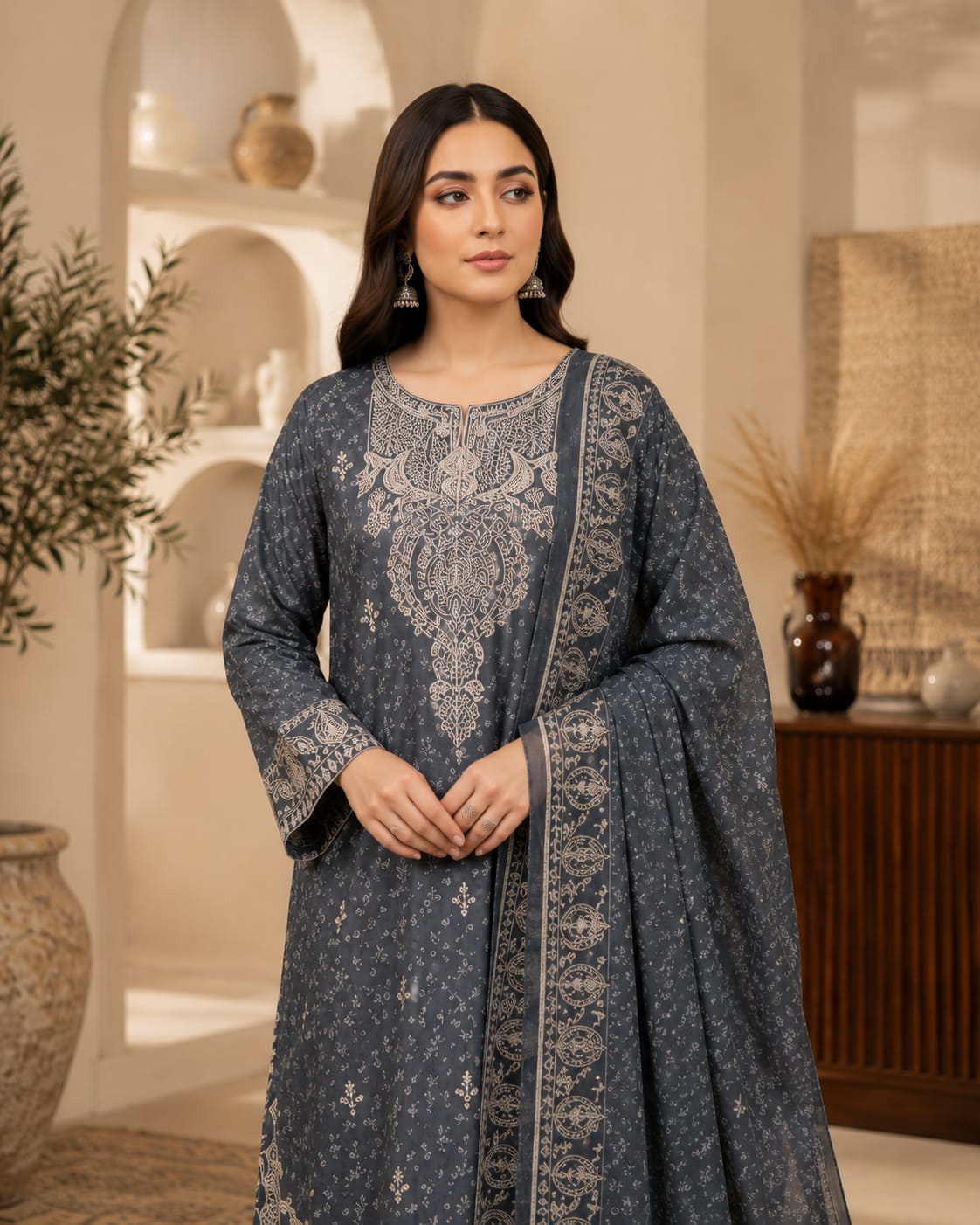 Steel blue embroidered lawn suit - back view