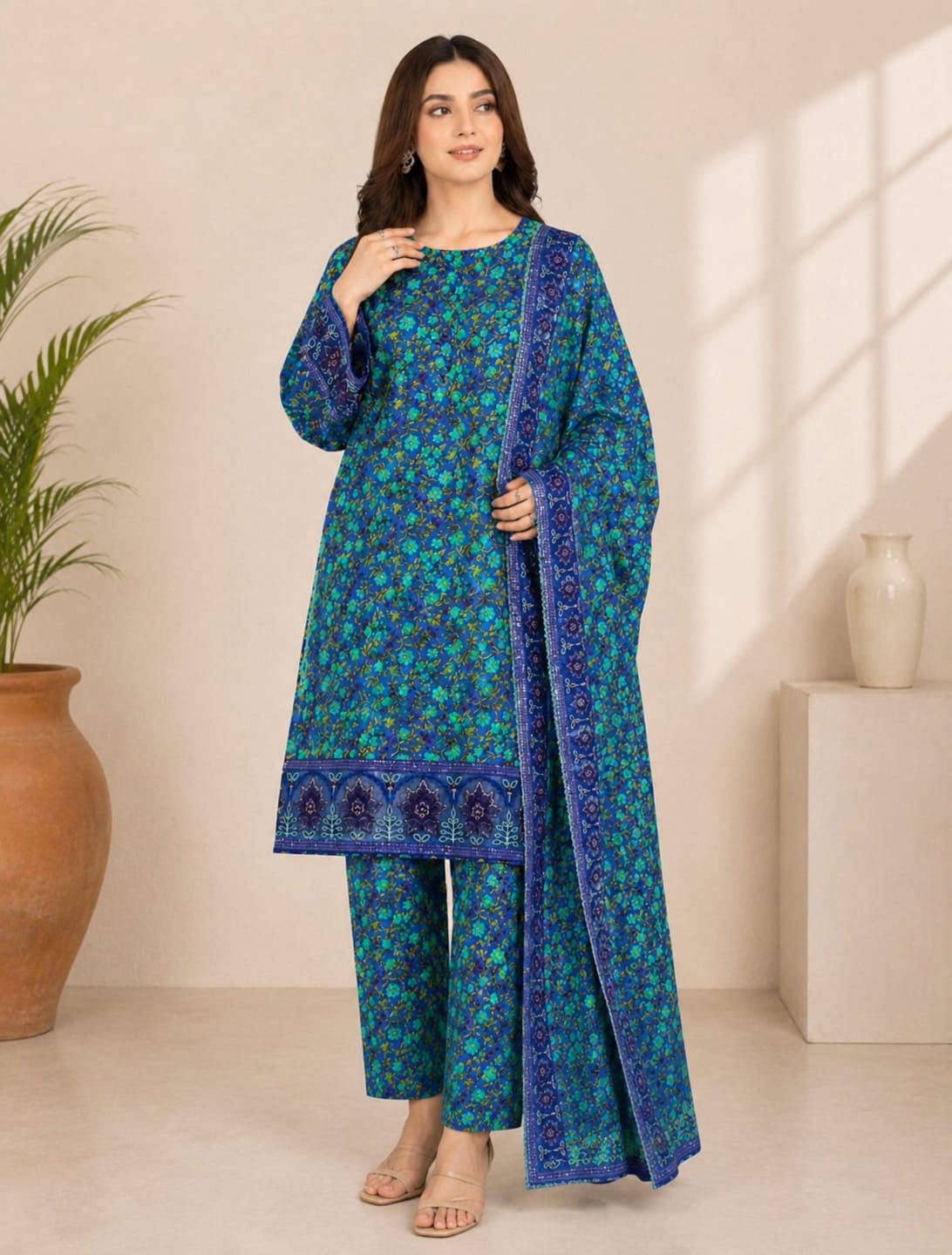 Lawn Blue Embroidery 3-Piece - Front Close-up