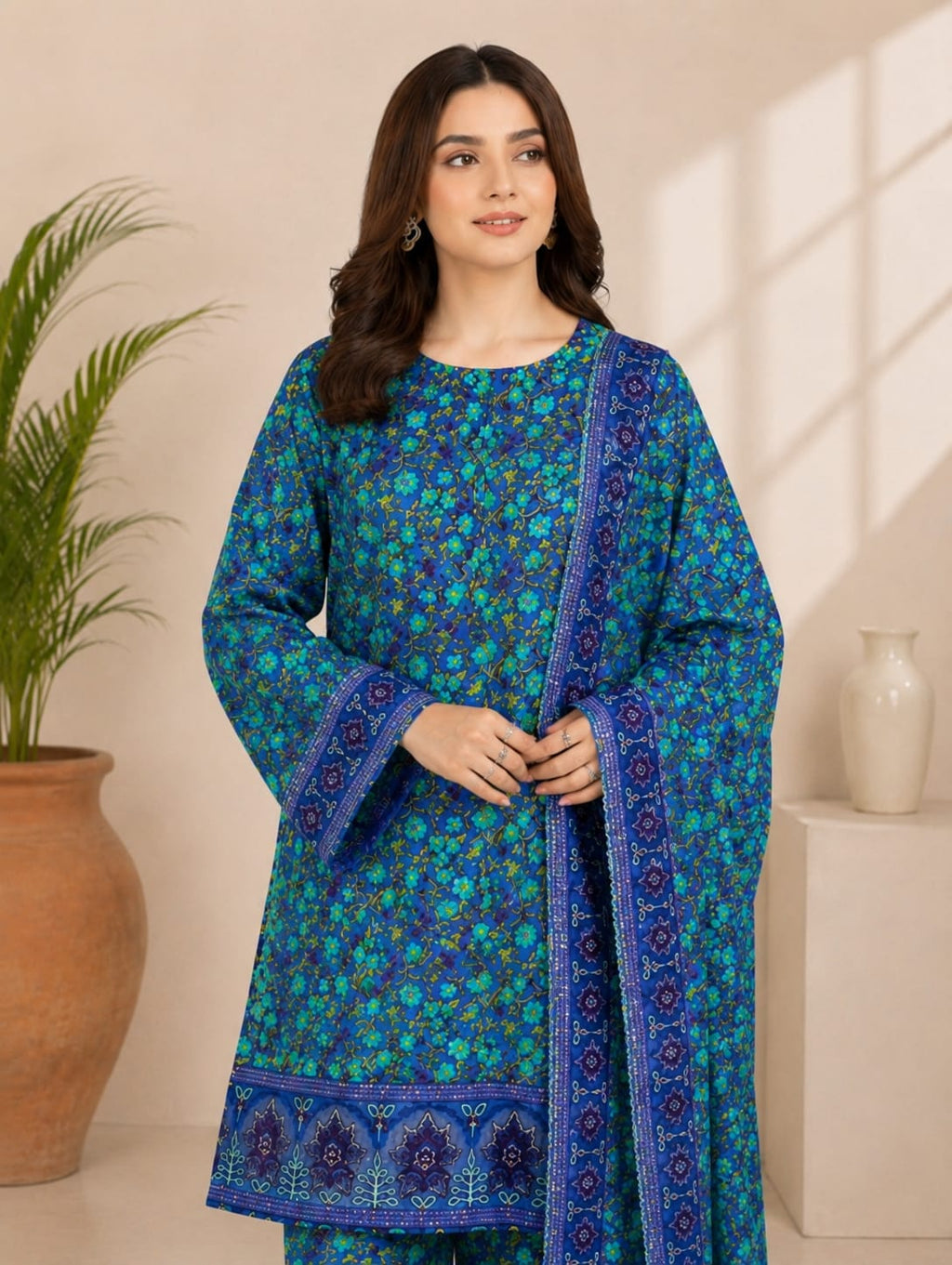 Lawn Blue Embroidery 3-Piece - Side View