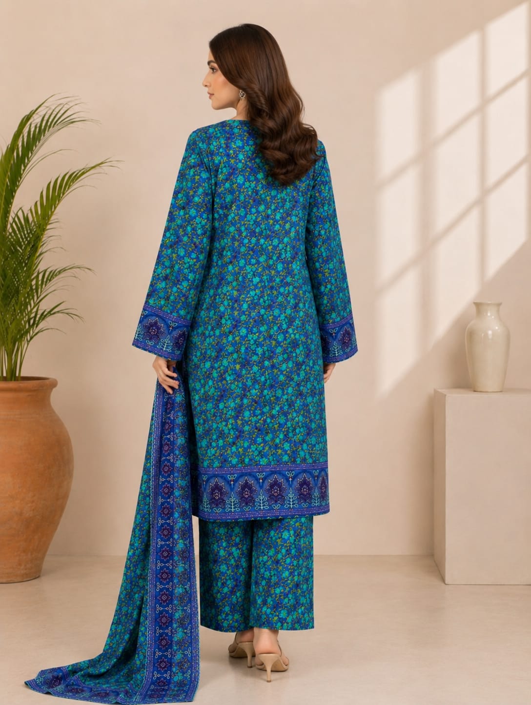 Lawn Blue Embroidery 3-Piece - Full Front View