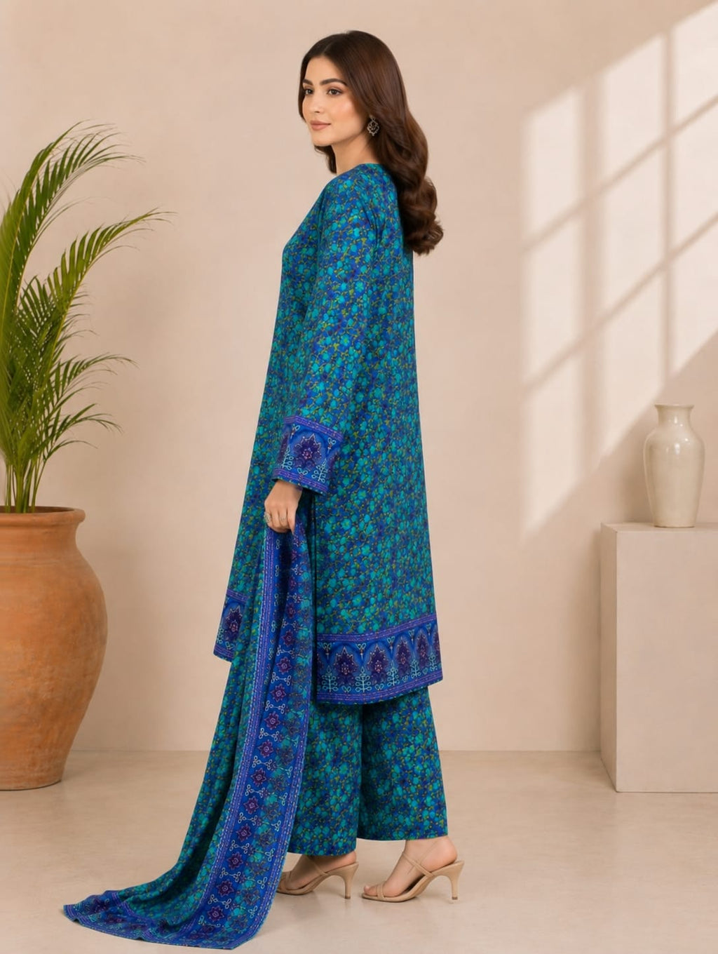 Lawn Blue Embroidery 3-Piece - Back View