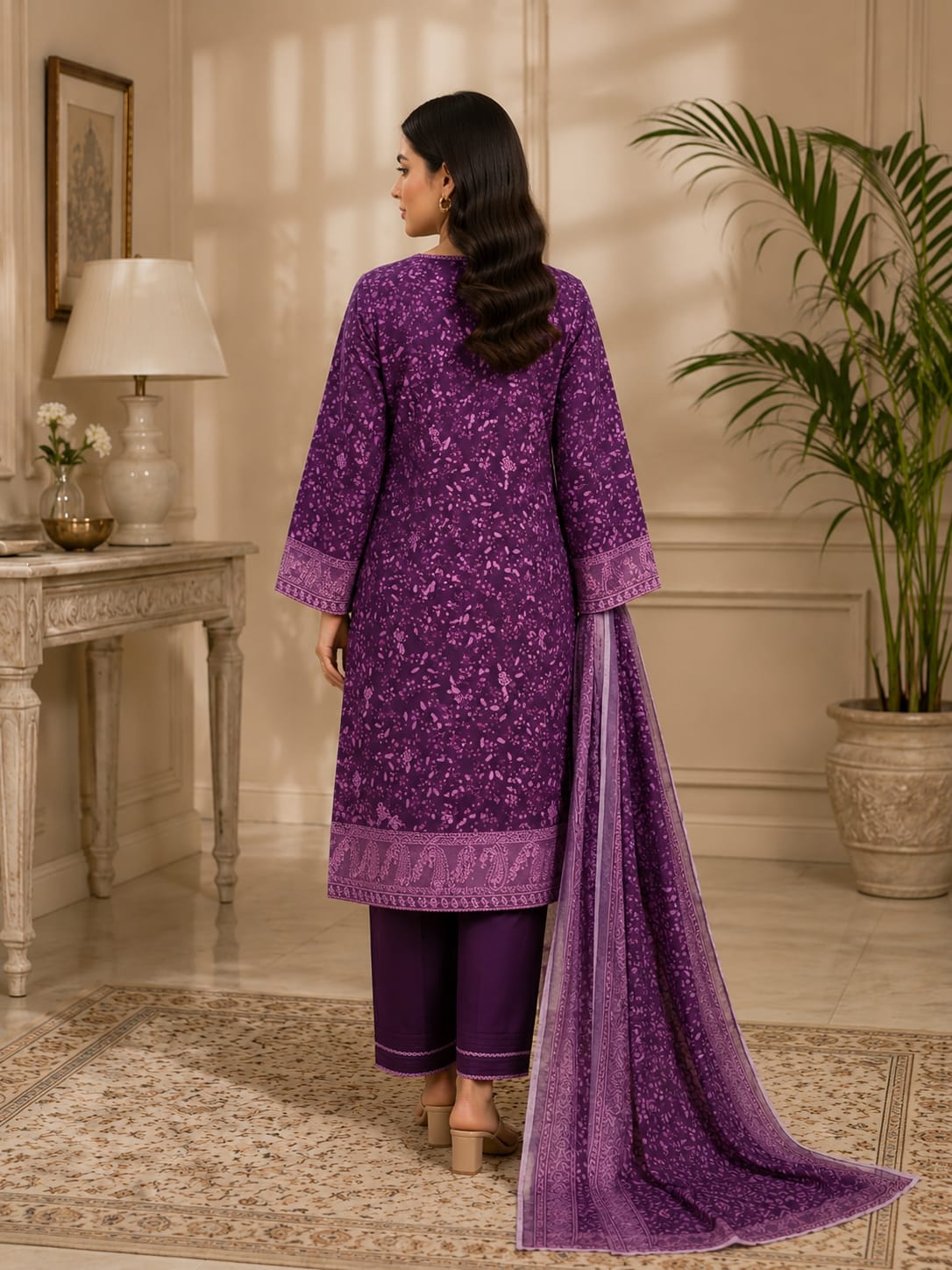Purple Embroidery 3-Piece - Full Front View