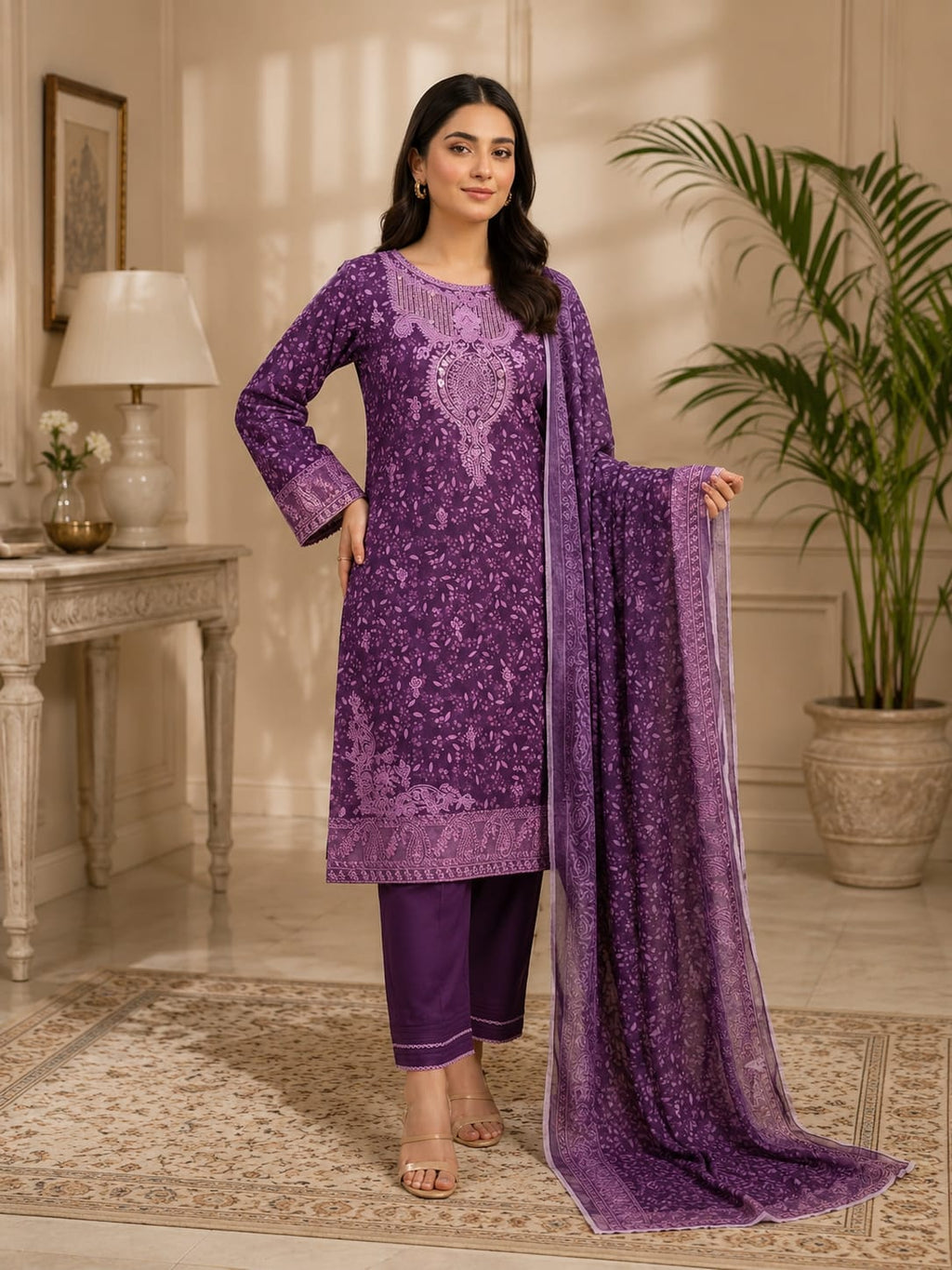Purple Embroidery 3-Piece - Close-up Front