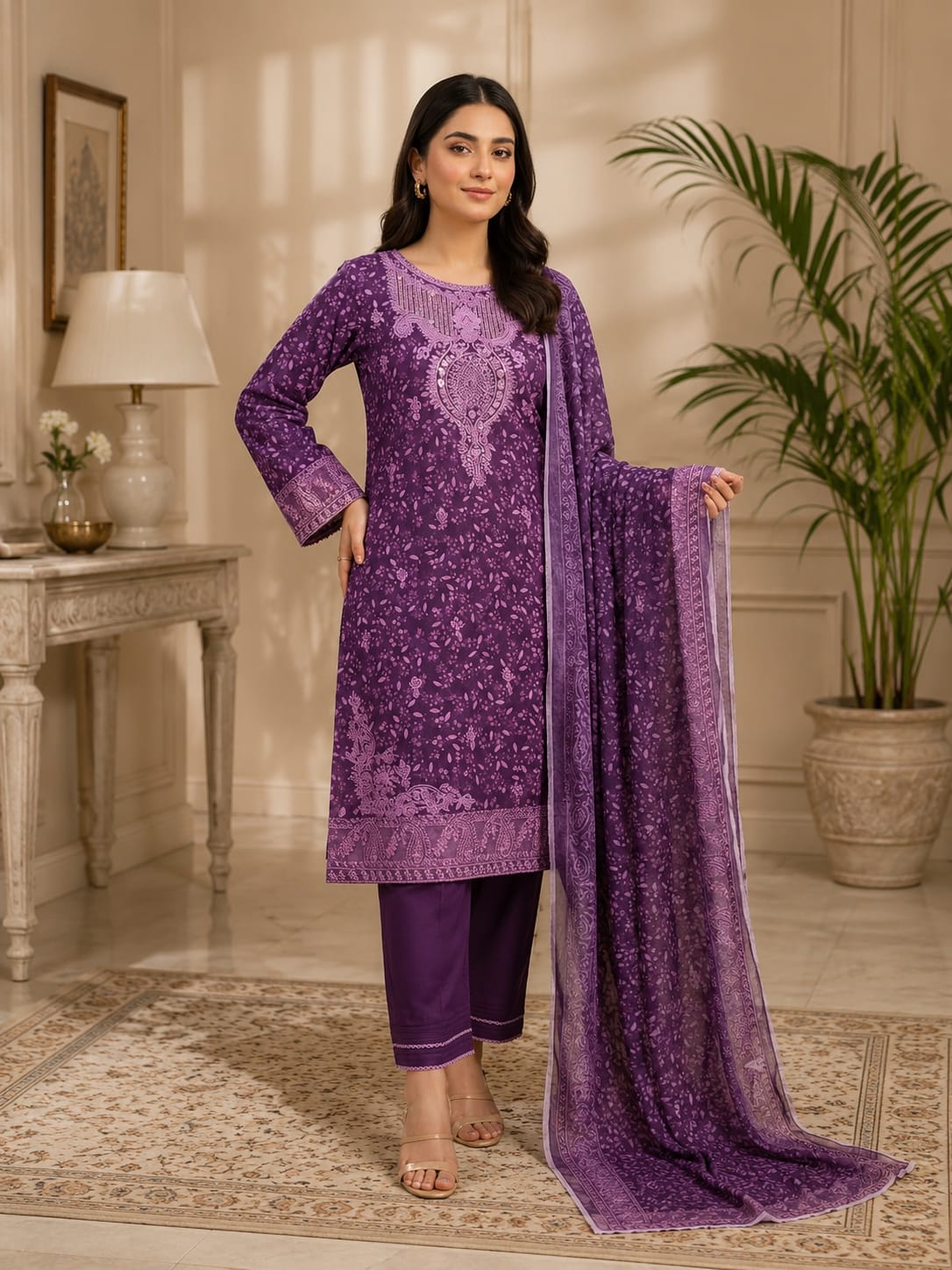 Purple Embroidery 3-Piece - Close-up Front