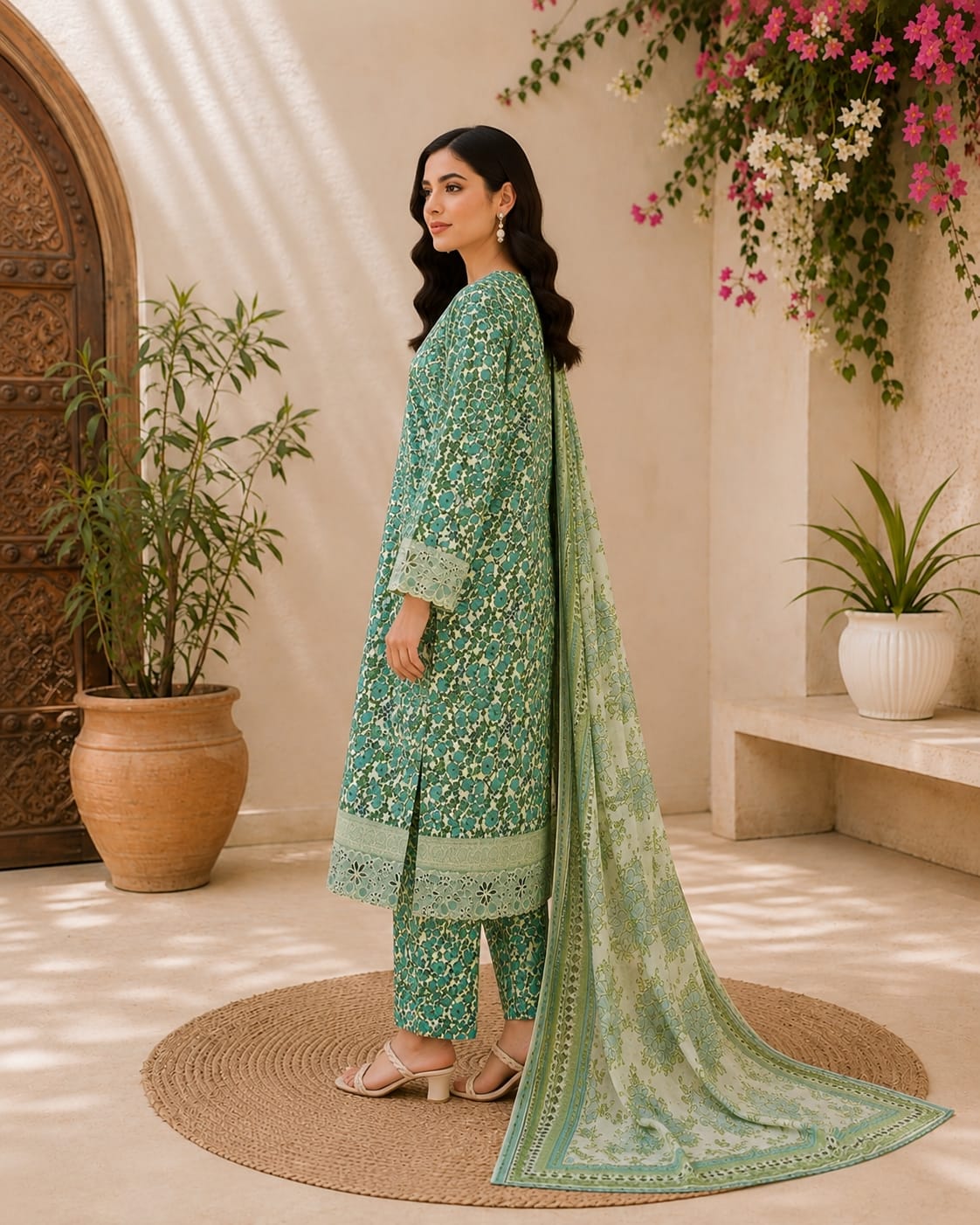 Green Floral 3pce Lawn - Full front with dupatta