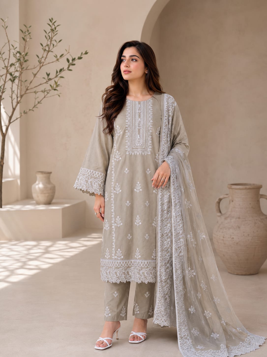 Grey Embroidered 3-Piece Suit - Full Look