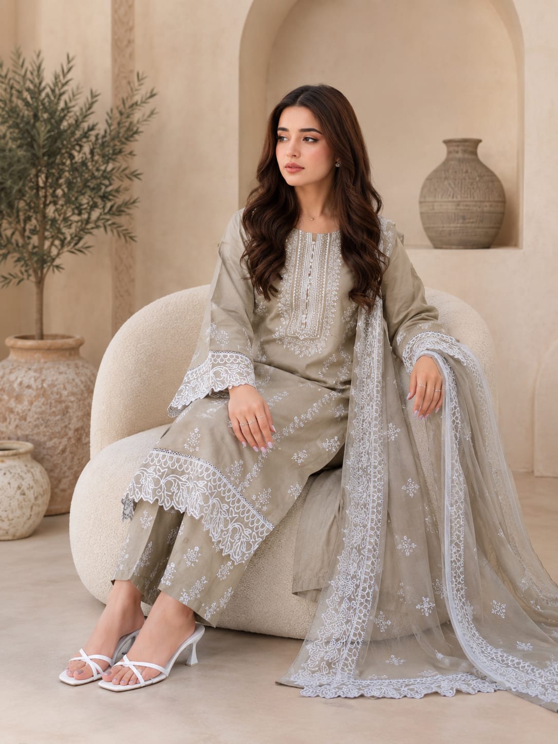 Grey Embroidered 3-Piece Suit - Front View