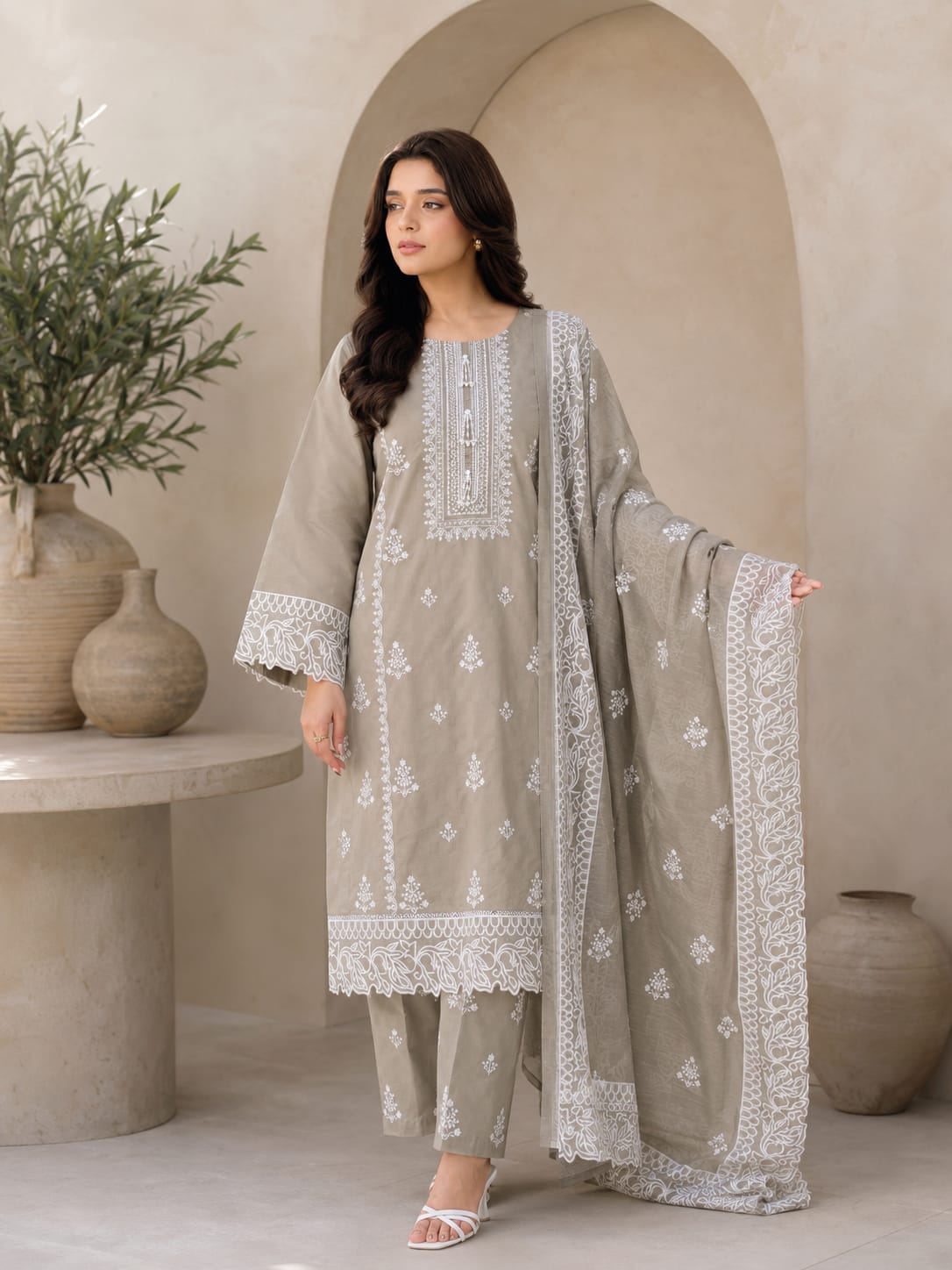 Grey Embroidered 3-Piece Suit - Side View