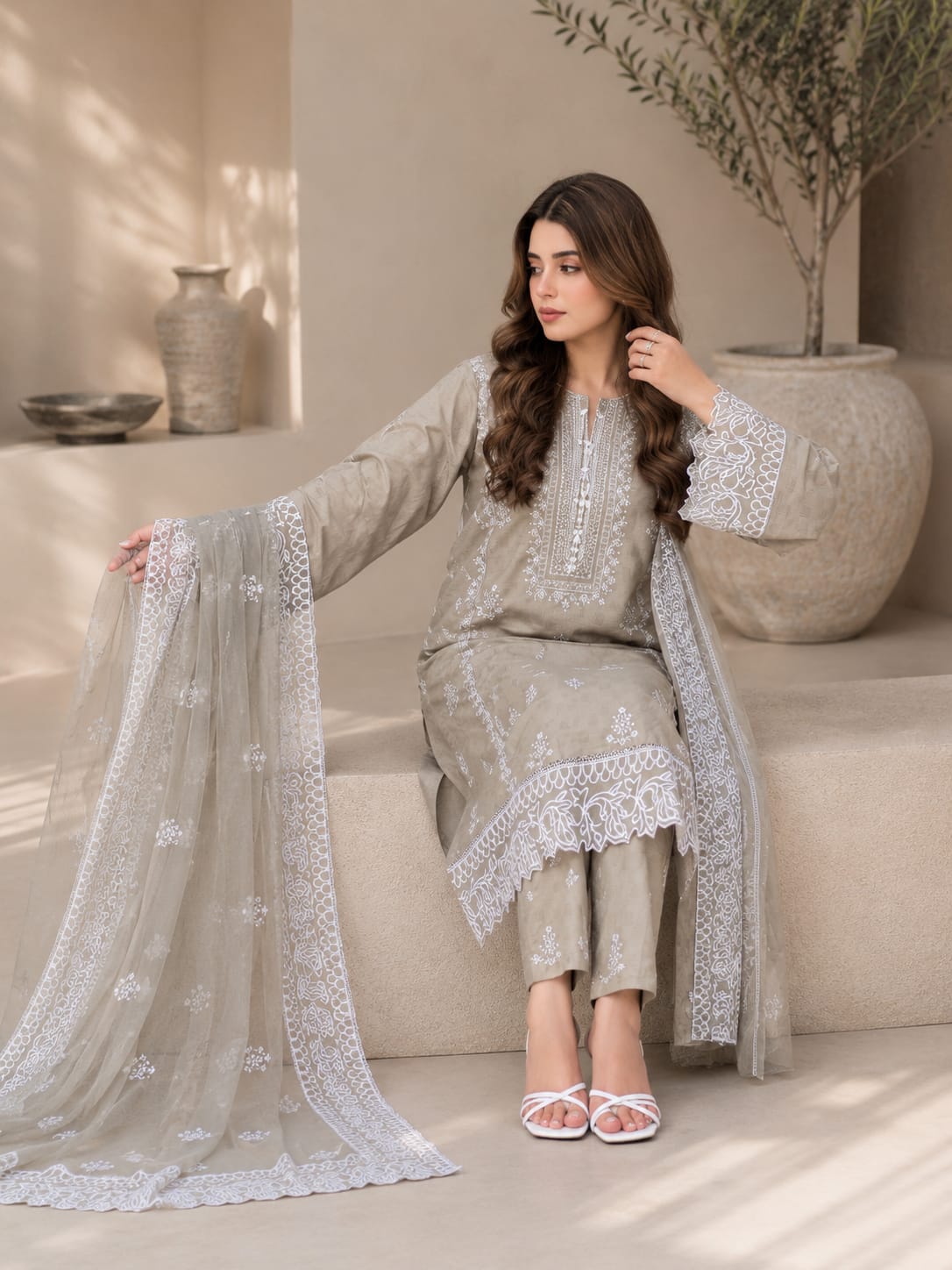 Grey Embroidered 3-Piece Suit - Seated View